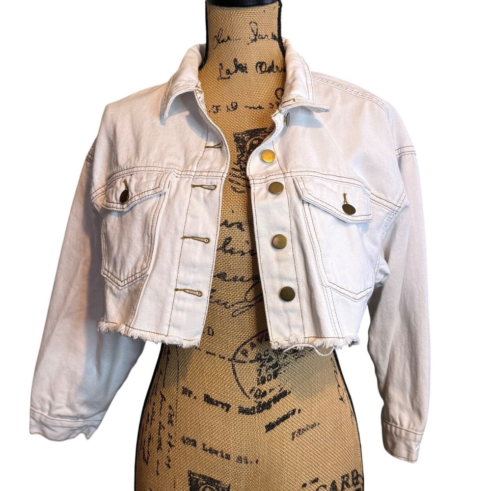 Elia-Cher Womens Y2k‎ Streetwear Frayed Denim Cropped Jacket White Size 4/6
